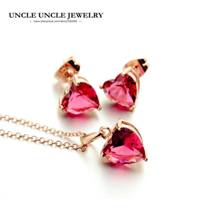 

Sweet Rose Gold Color Light Red Zirconia Setting Heart-shape Style Simple Lady Pendant Jewelry Set Necklace/Earring Gifts