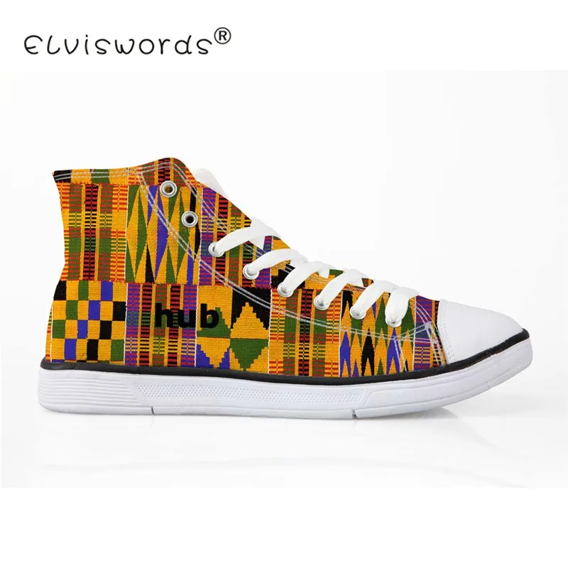 

ELVISWORDS African Ethnic Tribe Print Women High Top Canvas Shoes Girls Lace-up Flats Shoes Retro Vulcanize Shoes EUR Size 35-45