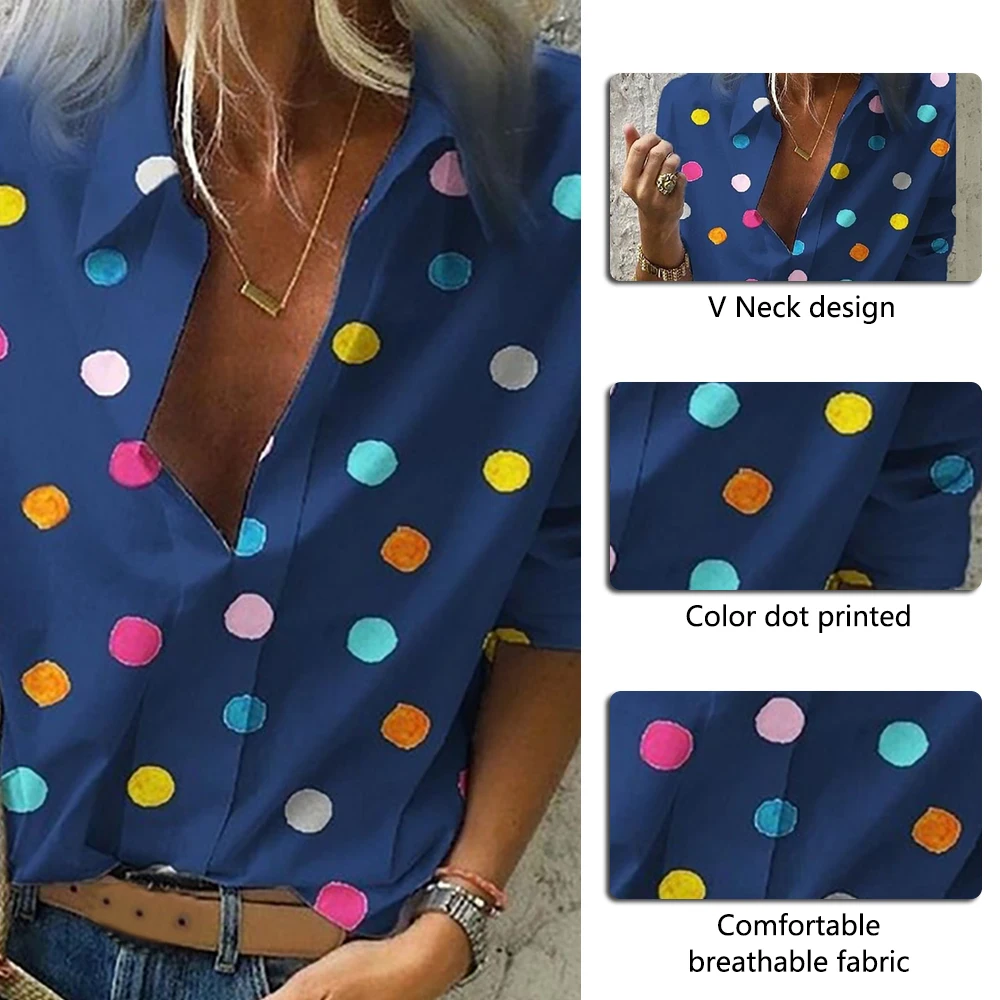 LITTHING летняя блузка, женские топы, модная повседневная Свободная рубашка в горошек с длинным рукавом и глубоким v-образным вырезом Bluzki Damskie Blusas Mujer De