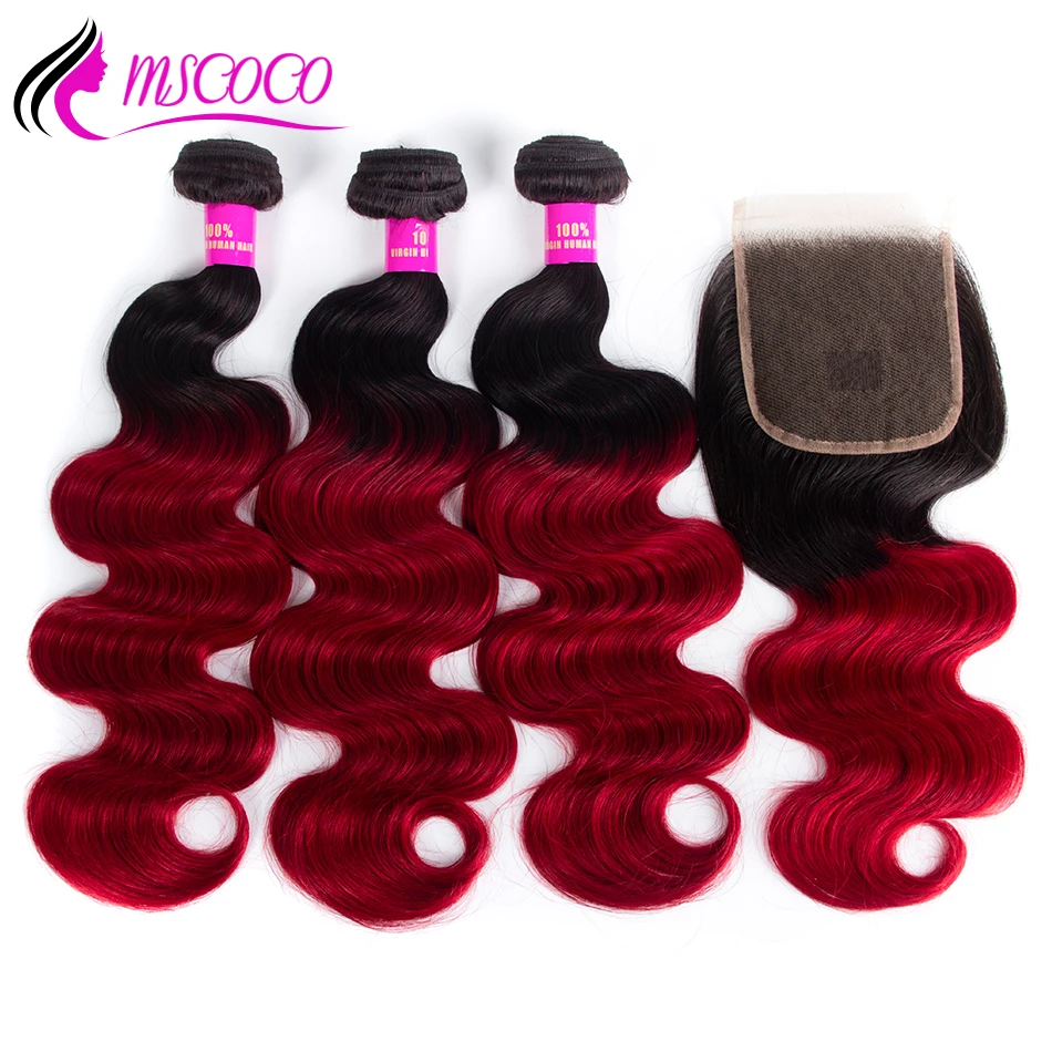 

Mscoco 1b Burgundy Ombre Bundles With Closure Brazilian Body Wave 1b 99j Red Colored Remy Human Hair 3 Bundles With Closure