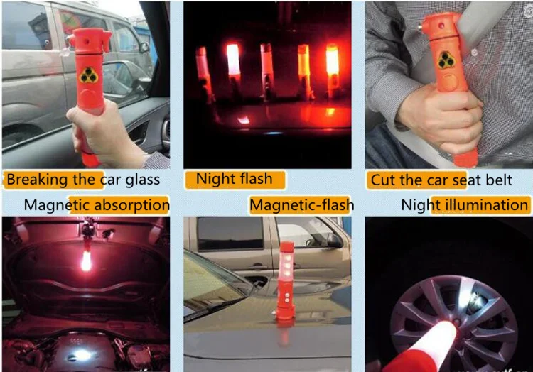 Многофункциональный 6-в-1 авто аварийный молоток резак ремня безопасности автомобиля свет мигает красный Маяк Светодиодный проблесковый свет спасения инструмент