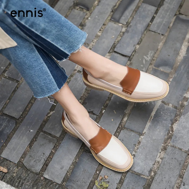 ENNIS Genuine Leather Boat Shoes Women Outdoor Casual Shoes Mixed Color Shoes Black Brown Flat Loafers Autumn Spring C9108