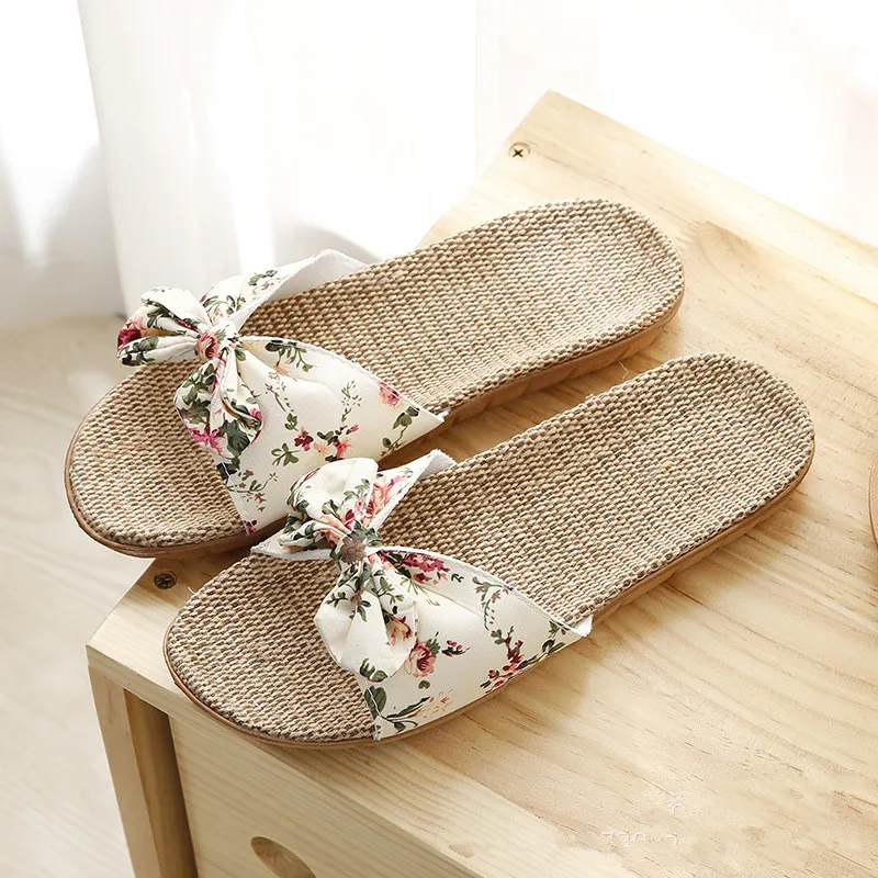 Dropshipping Summer Beach Women Slippers Breathable Linen Flip Flops Female Casual Flax Sandals Floral Bow Indoor Shoes | Обувь