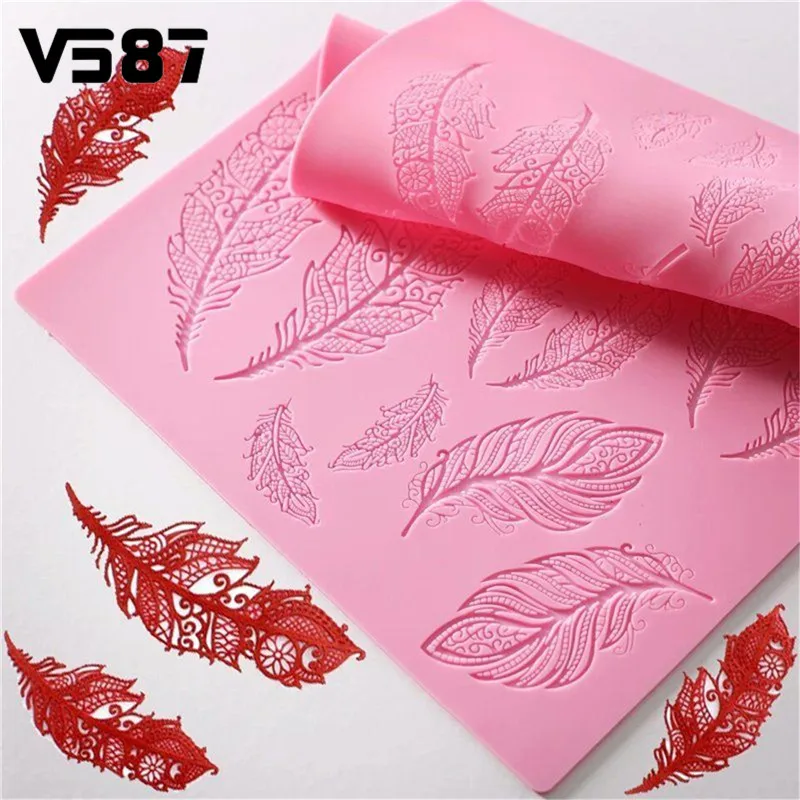 Buy DIY Feathers Silicone Sugarcraft Lace Mat Cake Fondant Molds Stencil