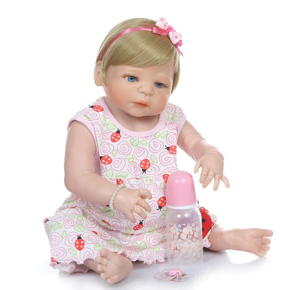 NPK 56 см кукла bebe reborn baby girl волосы блонд новорожденный силикон для всего тела