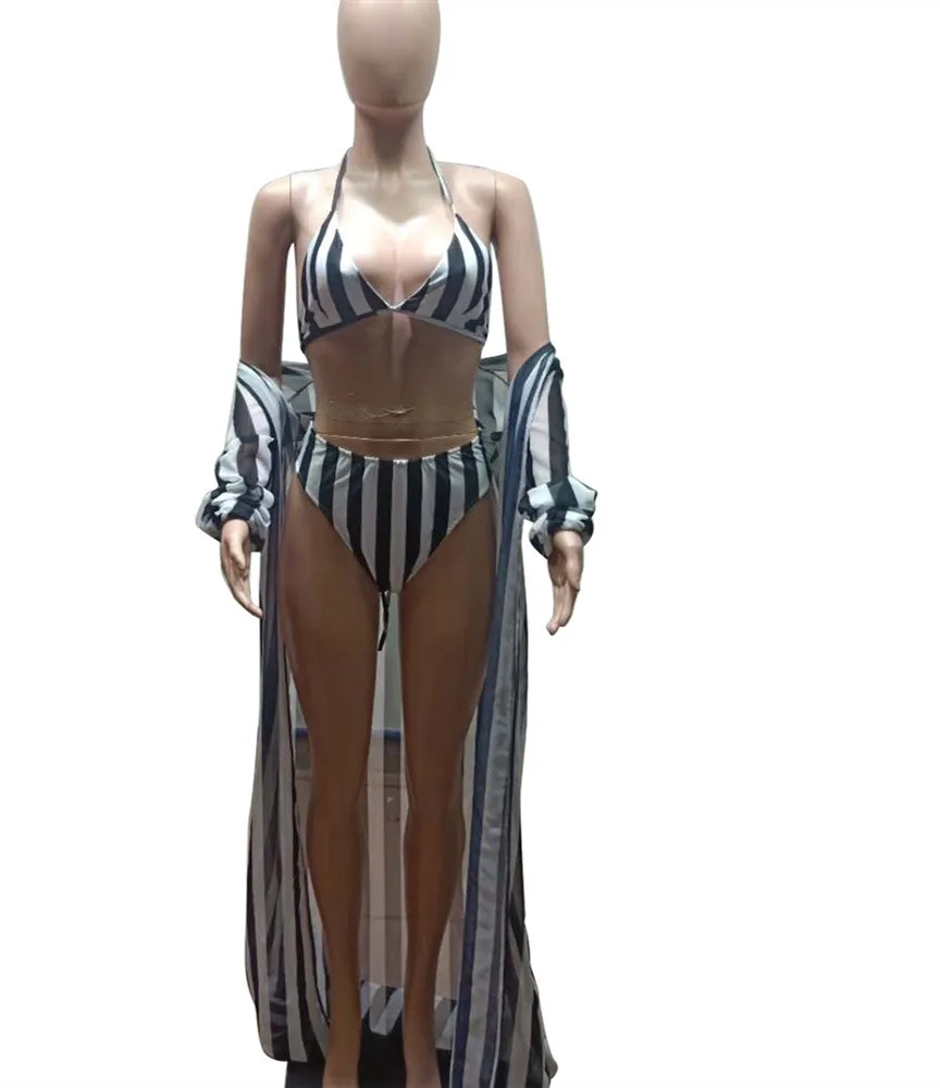 Летний женский комплект бикини из 3 предметов с закрытой пяткой, сексуальный полосатый комплект бикини с пуш-ап, купальник с высокой талией и парео