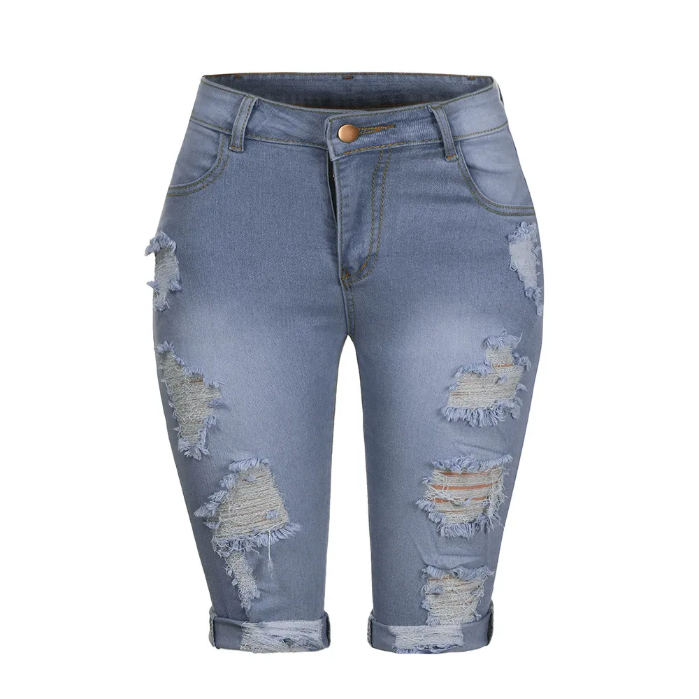 Уничтожено рваные укороченные джинсы Для женщин Distressed Skinny DenimHoles сломанной по колено укороченные джинсы Большие размеры Шорты S-3XL
