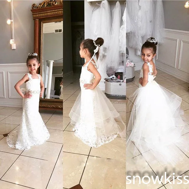 

Elegant white/ivory spaghetti straps lace mermaid flower girl dress beautiful formal party wedding birthday first communion gown