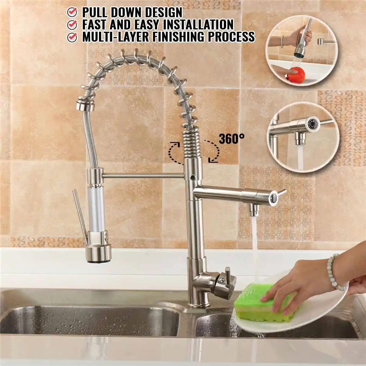 

Pull Down Kitchen Faucet 360 Rotation Spout Single Hole Sink Mixer Taps Deck Mounted Hot And Cold Spring Silver Chrome Finish