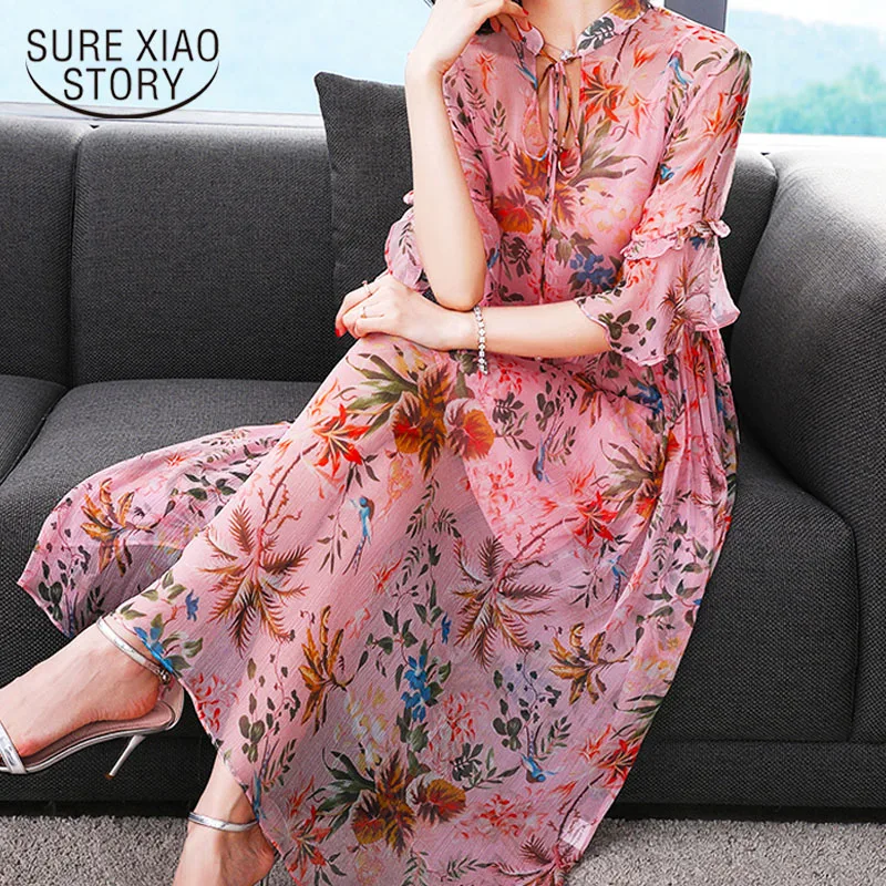 

Dresses fashion elegant women 2019 Flare Sleeve V-Neck Empire Bow Print A-Line dress length dress chiffon dress casual 2874 50