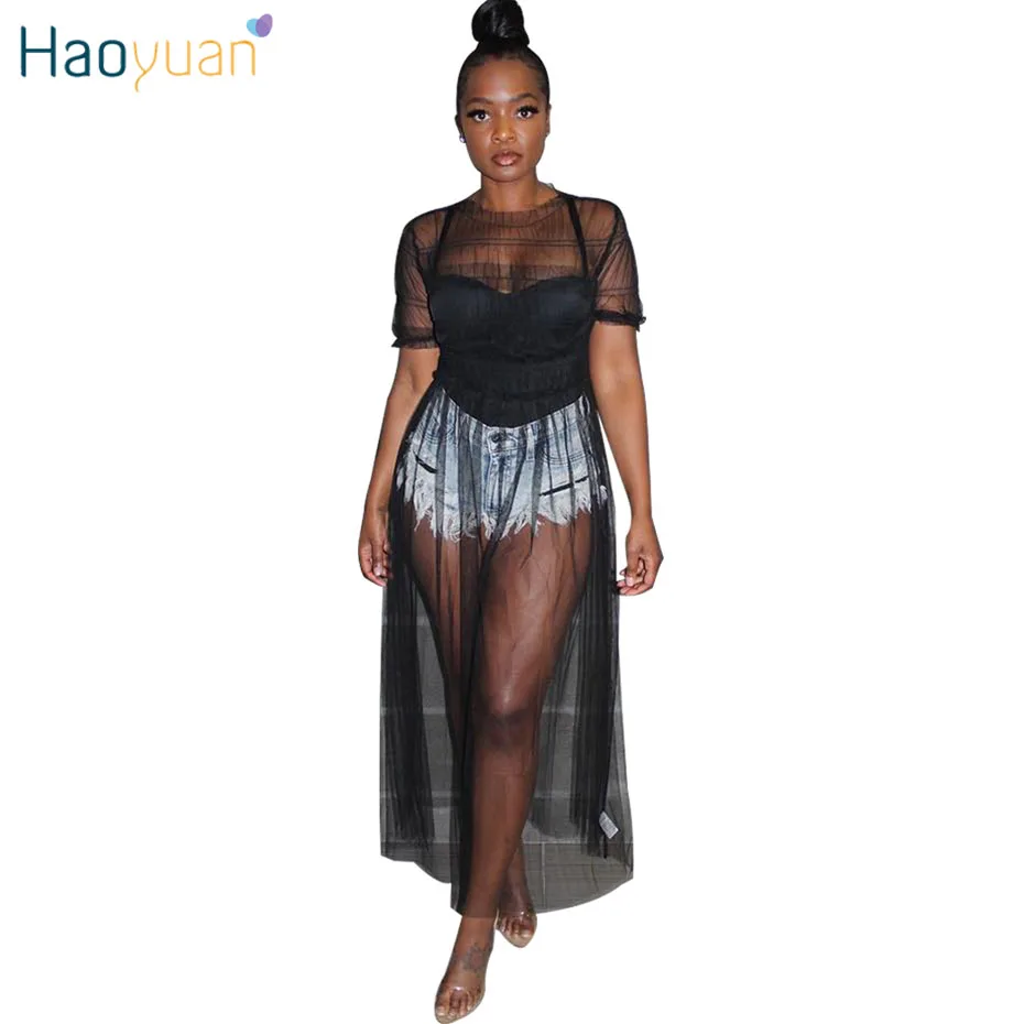 

HAOYUAN Sheer Mesh Maxi Dress Women Summer Clothes Neon Green Black Short Sleeve Holiday Boho Beach Robe Long Club Party Dress