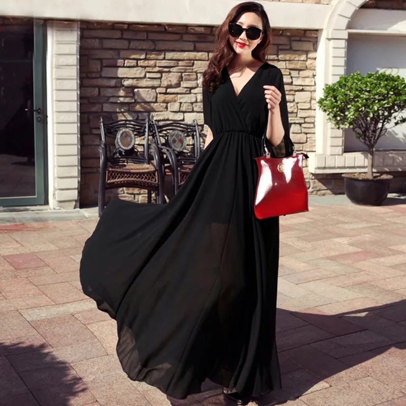 

2019 Summer New Arrival Bohemian Style V Collar Short Sleeve Solid Color Woman Long Chiffon Beach Dress