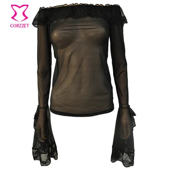 

Corzzet Retro Vintage Gothic Punk T-Shirt Femme Long Sleeve Off The Shoulder Female Black Transparent Women Victorian Blouse