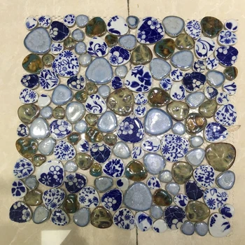 

NEW Chinese Blue Flower Brown Pebble Ceramic Mosiac Tile, DIY Bathroom Wall Floor Tile Decoration,Mesh Backing