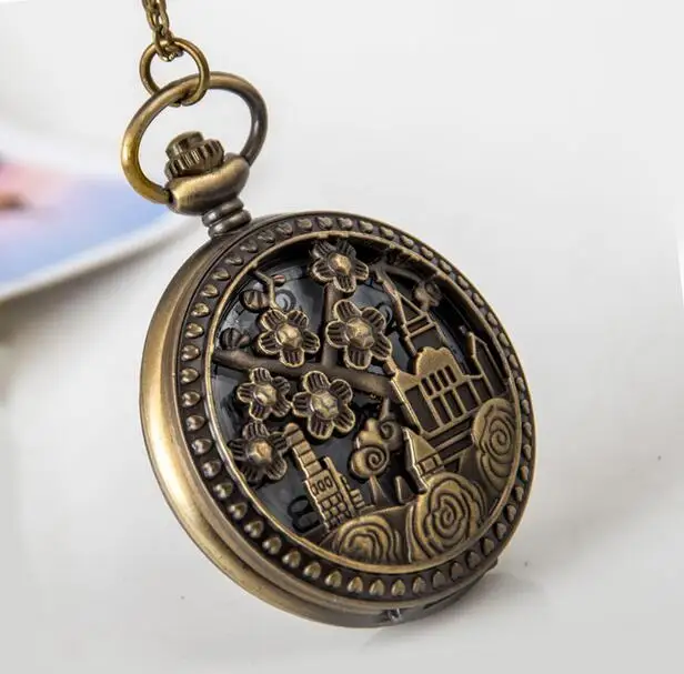 

Wholesale 1 PCS Hollow out treasure flower Bronze antiques woman girl gift necklace steam punk pocket watches