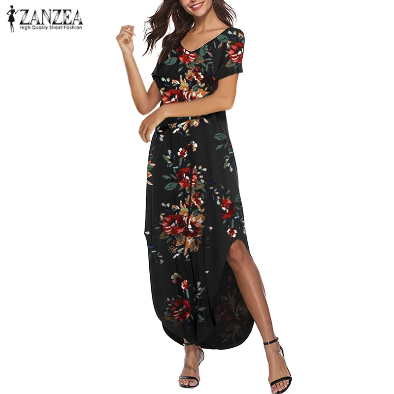 

2019 ZANZEA Women Floral Print Long Maxi Dress Summer Sundress Short Sleeve Side Pockets Dresses Casual Beach Vestido Plus Size