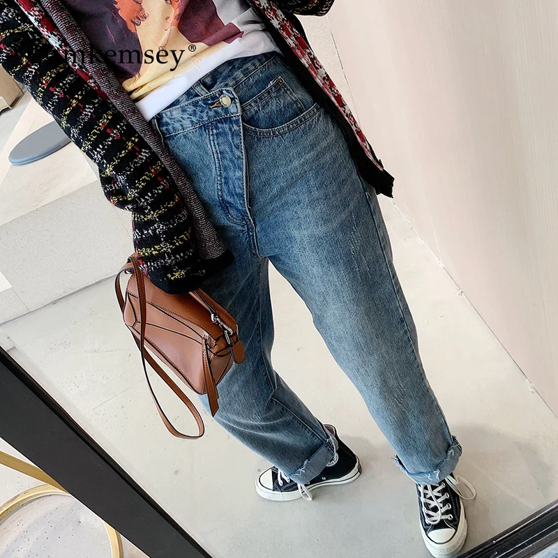Camkemsey Vintage Mom Jeans Woman 2019 Fashion Asymmetric Bevels Autumn Winter Classic High Waist Straight Jeans Female Camkemsey Vintage Mom Jeans Woman 2019 Fashion Asymmetric Bevels Autumn Winter Classic High Waist Straight Jeans Female