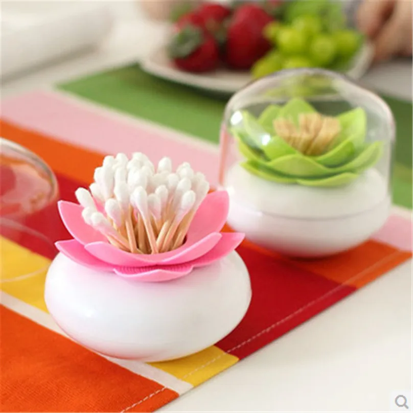 2pcs Creative Toothpick Holders with Cap Lotus Flower Vase Cotton Swab