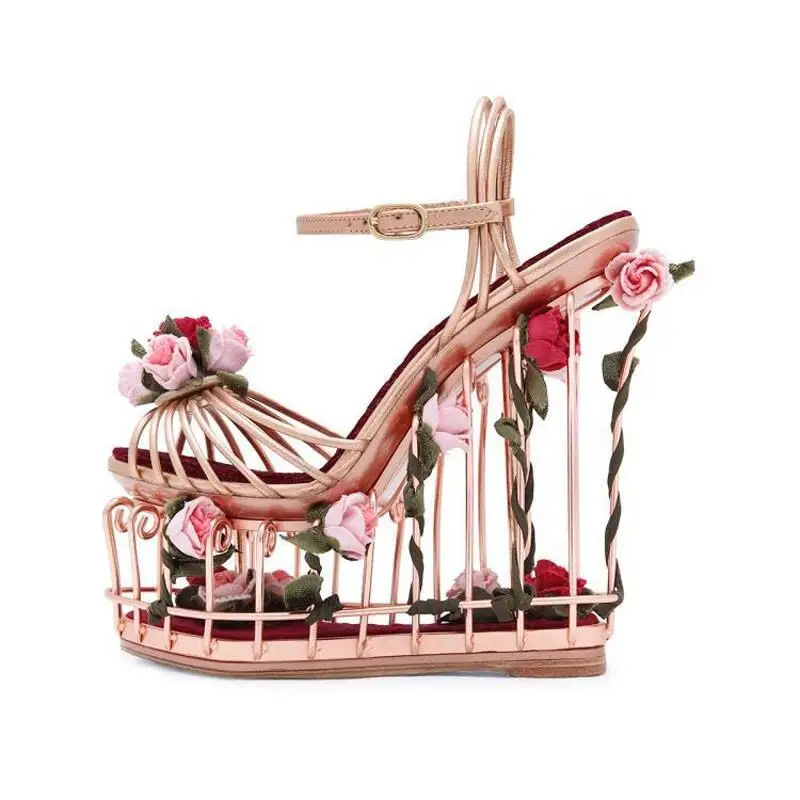 Top Quality Platform Shoes Summer Women Hollow Wedges Rose and Leaves Studded Sandals Wedding/Party Shoes 17CM Super High Heels