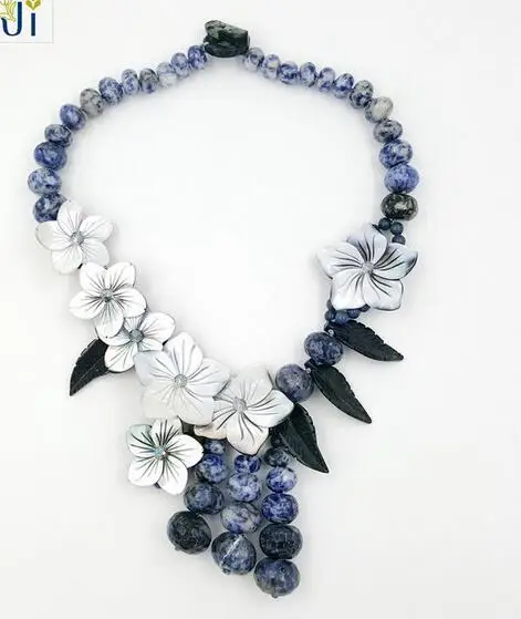 

NEW Glassic Natural Sodalite Shell Flowers Rock leaf Party necklace 20inch