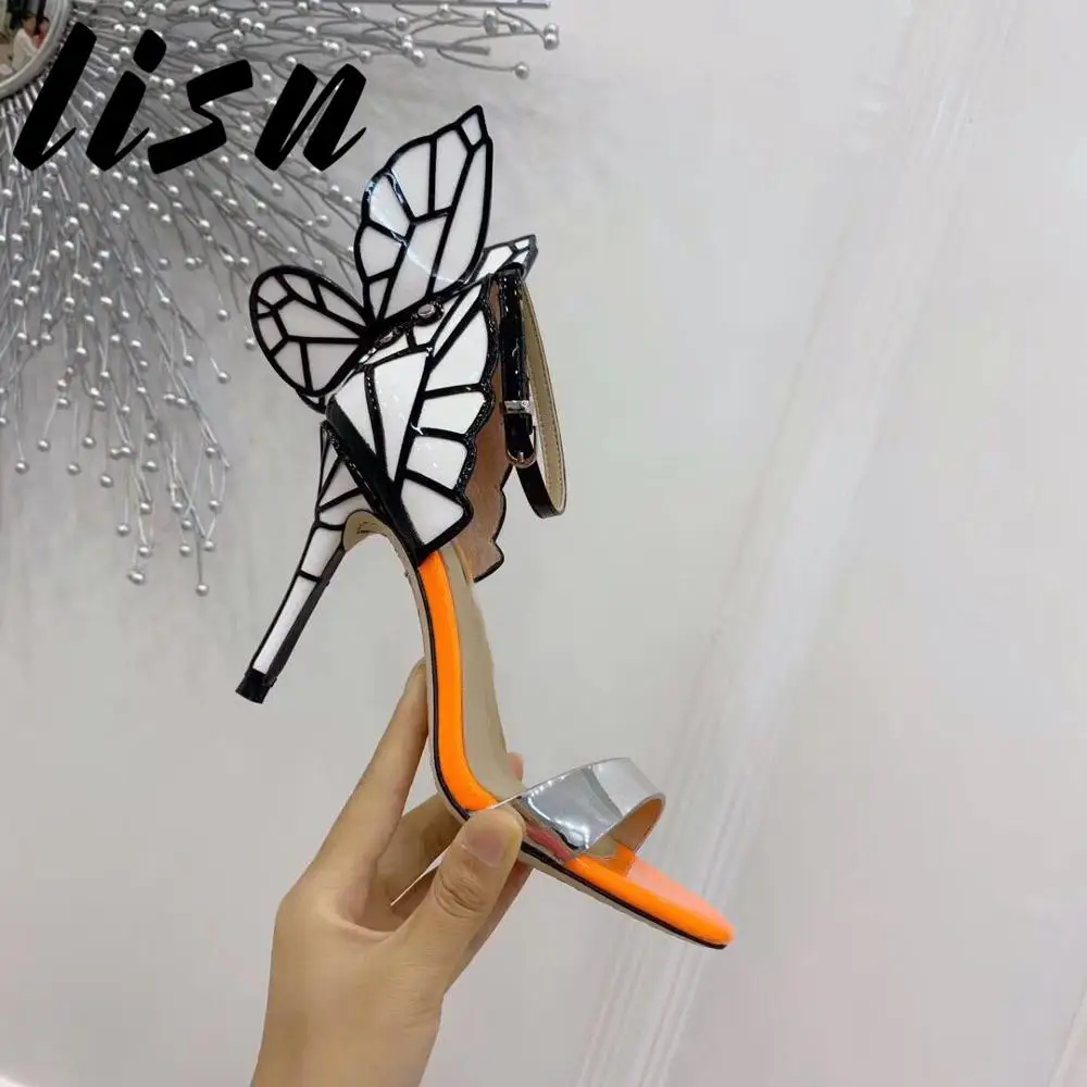 

LISN New Genuine Leather Open Toe Summer Sandals Mixed Color Wing HIgh Heel Sandals Shoes Women