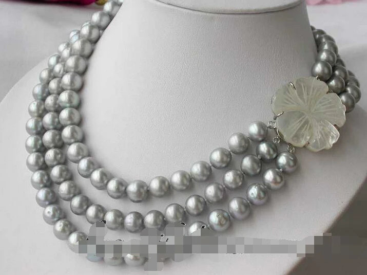 

Free shipping >>>>> Z2832 AA 3row 11mm round gray freshwater pearl necklace