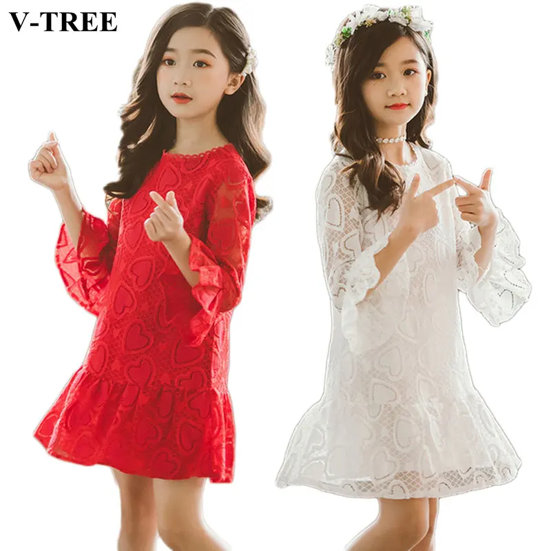 

2019 Autumn Girls Dress Love Lace Kids Dresses For Girls Children Princess Dress Teenager Party Dress 3-14years Costume