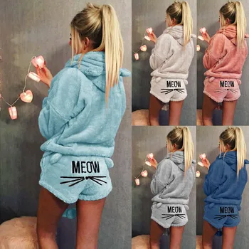 

Women Winter Warm Pajamas Suit Plush Hoodie Shorts Sets Cute Cartoon Cat Pattern Sleepwear Coral Two Piece Sports Suit Female