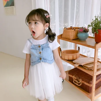 

Summer girls tutu dress baby dress kids fashion streetwear Children vestidos denim vest strap snap mesh patch 4 to 14 yrs