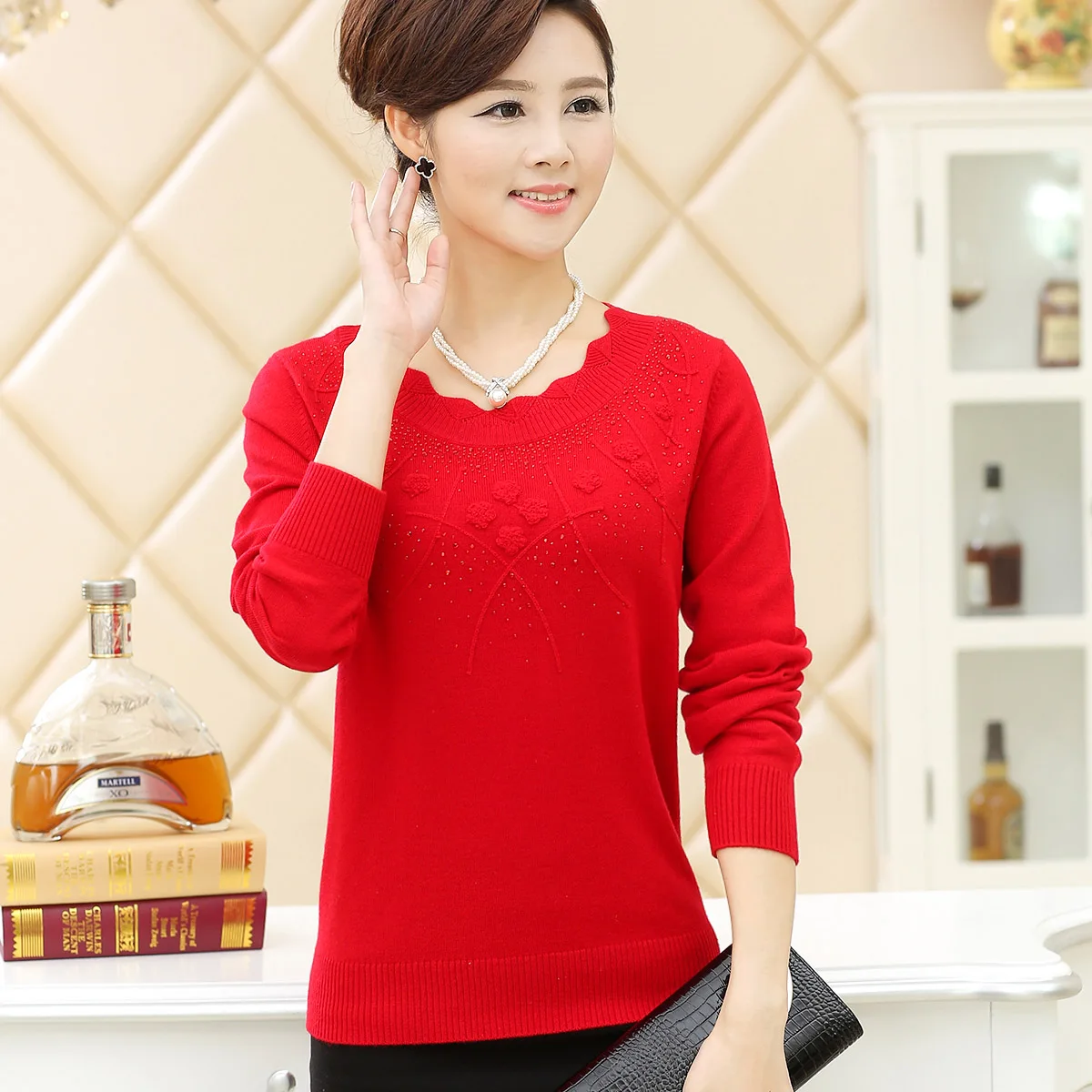 XJXKS одежда для мамы женский пуловер осень-зима свитер Свободный Длинный рукав трикотажная шерсть простая кофта - Цвет: red