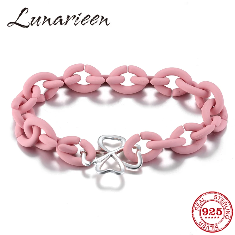 

Lucky Clover Fashion 925 Sterling Silver Beads Pink Hard Rubber Handmade Bracelet Accessories for women Men Jewelry