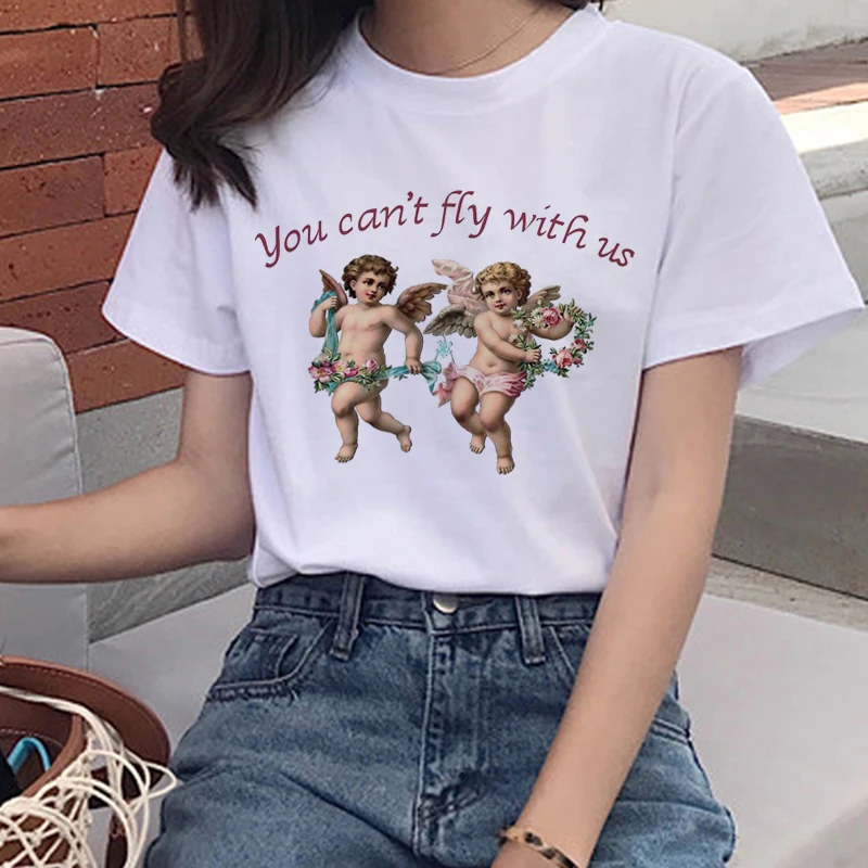 Harajuku Angel Kawaii Футболка женская Ullzang симпатичная Детская футболка с ангелами 90s