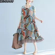 DIMANAF размера плюс летнее женское шифоновое платье пляжное с принтом листьев свободное милое модное повседневное с коротким рукавом Элегантное новое платье