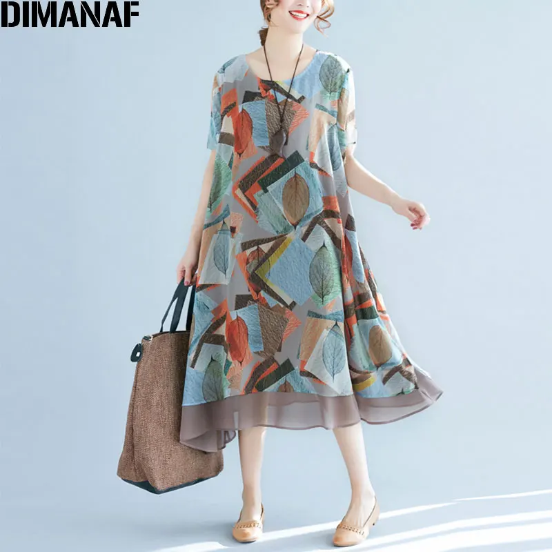 

DIMANAF Plus Size 2018 Summer Women Chiffon Dress Beach Leaves Print Loose Sweet Fashion Casual Short Sleeve Elegant New Dresses
