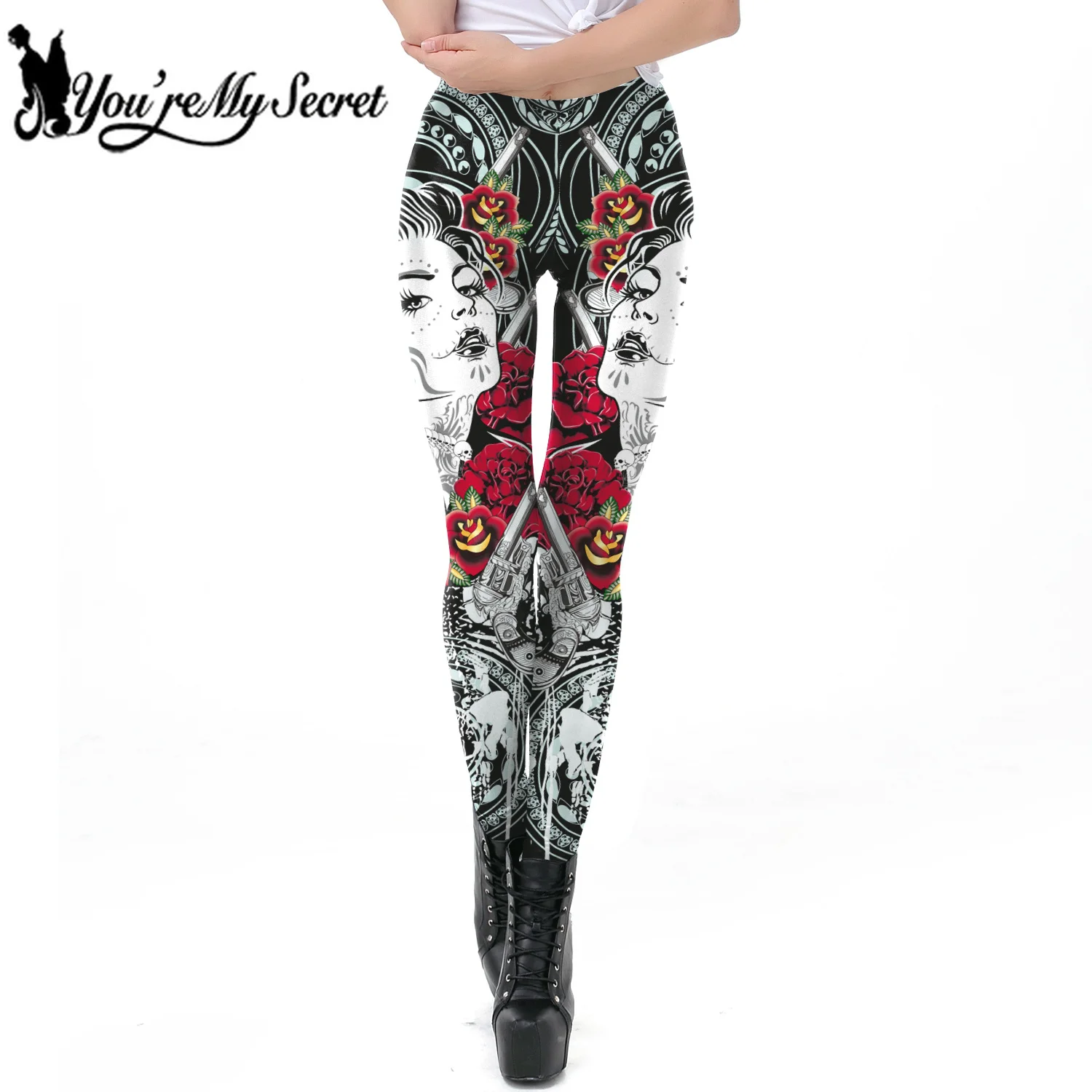 

[You're My Secret] 2019 New Sugar Skull The DEAD GIRL MAKE UP Women Leggings ROSE GUN Sexy Ladies Leggins Gothic Ankle Pant