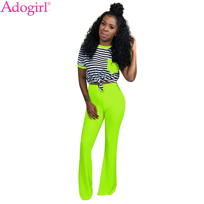 

Adogirl Women Casual Two Piece Set Pockets Striped Short Sleeve T Shirt Top Solid Boot Cut Flare Pants Sexy Night Club Outfits