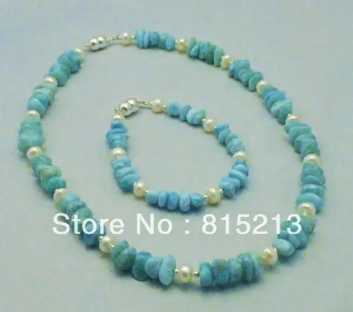 

ddh00751 GREAT handcrafted AAA Larimar & Pearl Necklace Bracelet set 925 silver