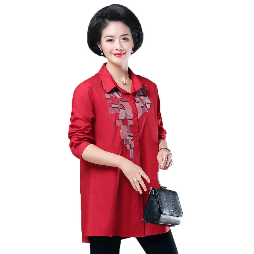 

WAEOLSA Woman Casual Loose Shirt Blue Red Cotton Top Women Print Oversized Blouses Plus Size Top Lady Leisure Shirt Spring 2019