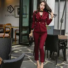 Новинка, цвета красного вина, облегающий стиль, женские брючные костюмы, приталенный Блейзер на пуговицах, пиджак, узкие брюки, OL, Женский комплект из 2 предметов, весна, S95521Z