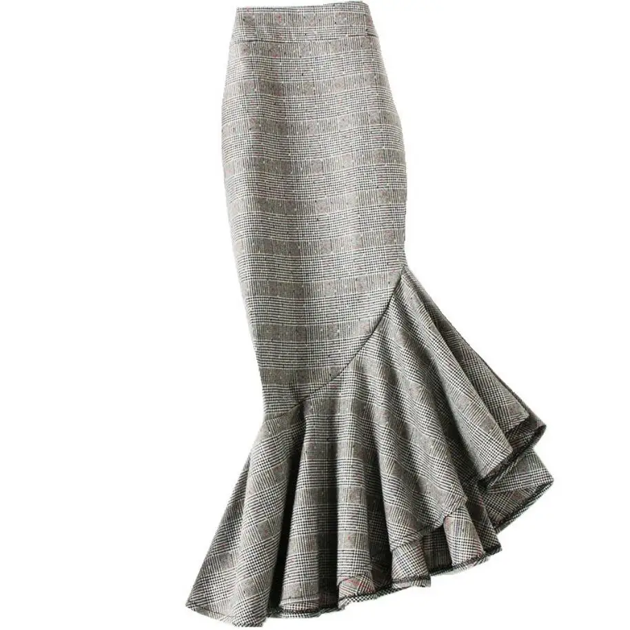 

Plaid fishtail skirt women polka dot ruffled high waist office lady package hip mermaid trumpet skirt plus size 4XL