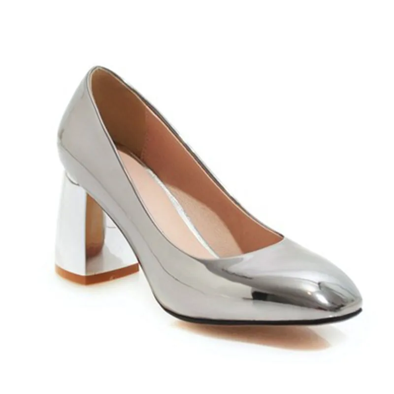 Plus Size 33-45 Women Pumps Fashion Gold Block Thick High Heels Shoes Patent Leather Slip On Silver Office Ladies Working Shoes (7)