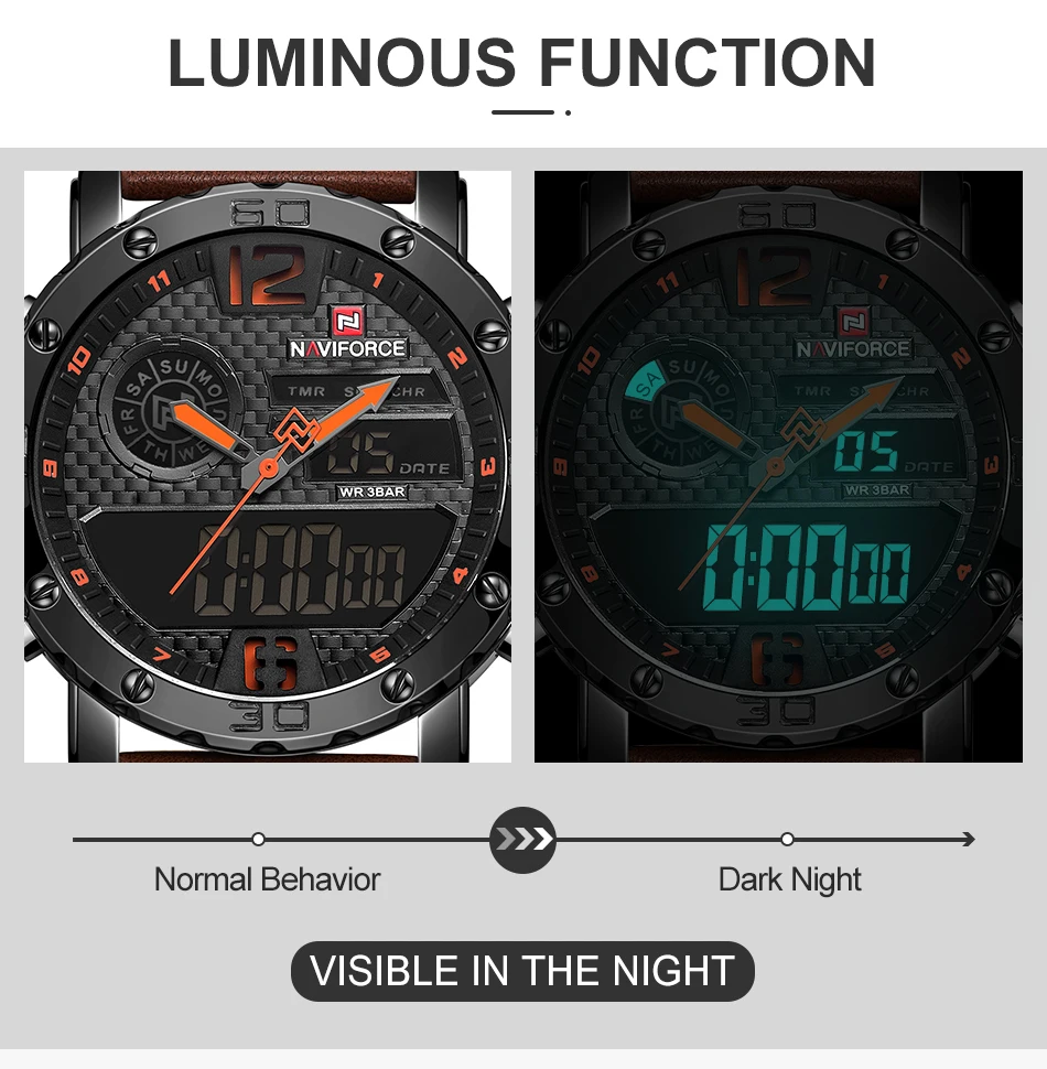 Для мужчин s часы Элитный бренд для мужчин кожа спортивные наручные часы naviforce кварцевые светодиодный цифровые часы