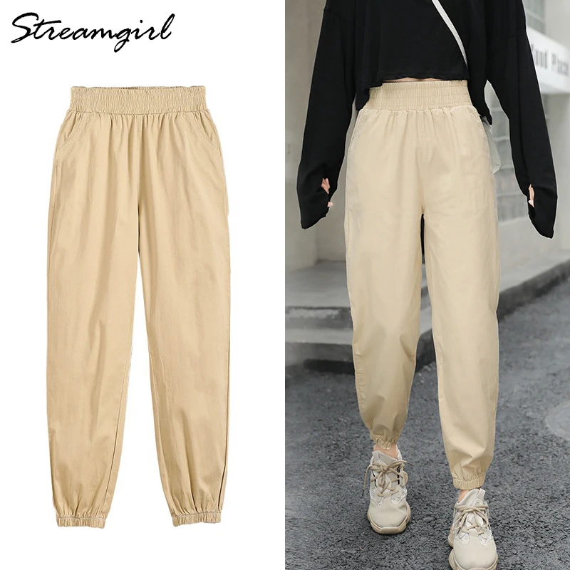 

Streamgirl Women Cargo Pants High Waist Elastic Khaki Loose Camo Pantalon Cargo Femme Gray Baggy Cotton Cargo Pants Female 2019