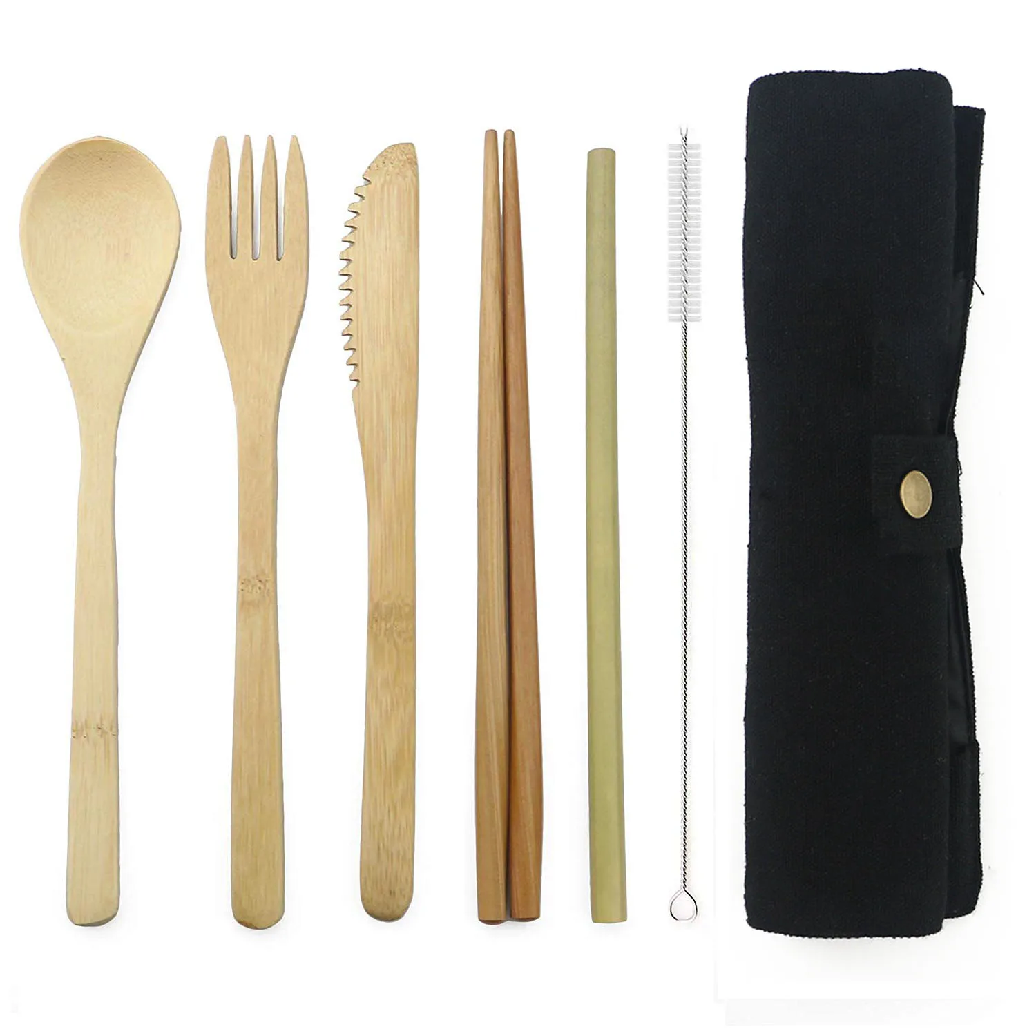 black 7pcs/set ECO Friendly Wooden Dinnerware Set Bamboo Straw Set With Cloth Bag Knives Fork Spoon Chopsticks Travel Flatware Set - Цвет: black