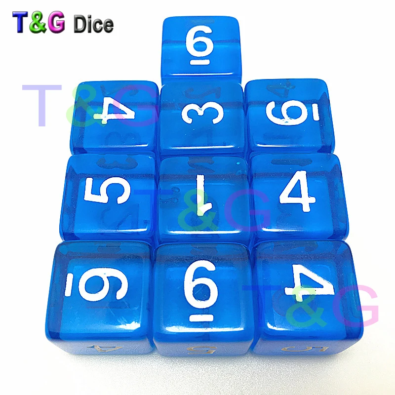 Hop Sales 10pcs/lot 16mm 6 colors transparent colored digital d6 dice,number 1-6 mtg poker,board game dice