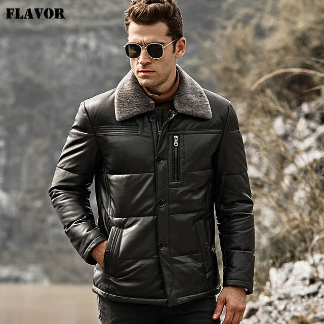 FLAVOR Men’s Duck Down Leather Jacket Men Lambskin Genuine Leather Jacket Winter Warm Down Coat with Removable Sheep Fur Collar