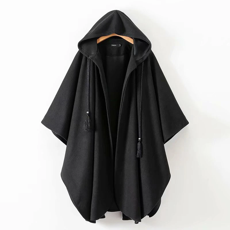 Comprar Nuevo abrigo largo negro de invierno para mujer Chaquetas cárdigan de algodón de moda Harjuku con capucha capas de capa ponchos y capas mujer