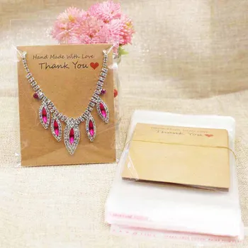 

10*8cm two design brown thank you jewelry display card handmade with love necklace packing paper card 100pcs+100plastic bag