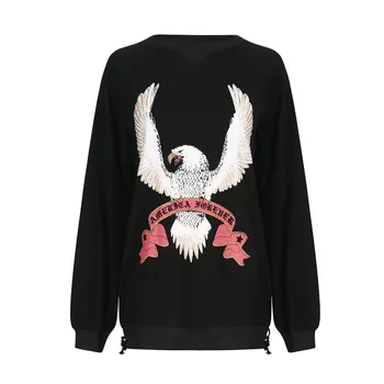 

Fashion boyfriend wind black spring and autumn side hollow tie casual round neck eagle cartoon print long sleeve ladies pullover