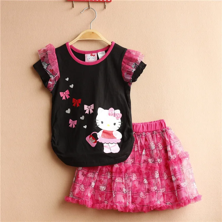 

2016 Cute Cat Baby Girls Summer Clothing Sets Childern Bow Cartoon 2pcs Dress Clothes Suit Sets Kids Leisure Girls Summer Set